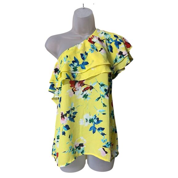 Rose & Olive Yellow Floral Ruffled Shoulder Blouse Sz Small Dopamine Colorful - Picture 1 of 8